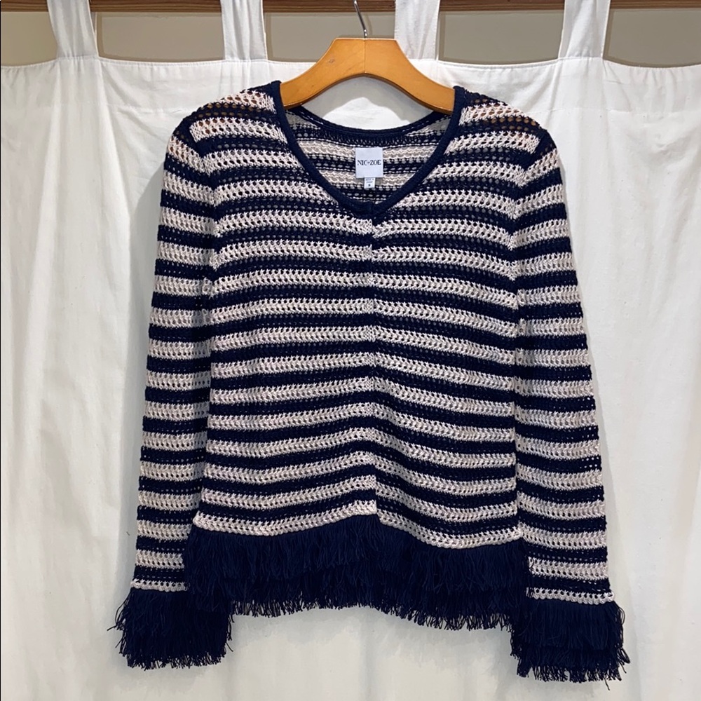 Nic + Zoe Striped Fringed Cardigan -Navy and Cream